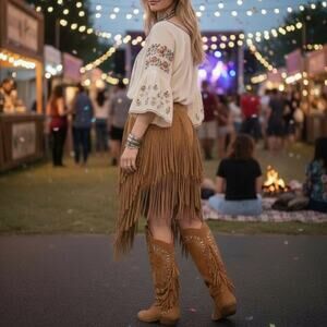 Brown Intermix Genuine Suede Asymmetrical Leather Fringe Skirt